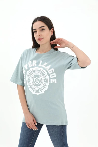 Bisiklet Yaka Denver Leagune Baskılı T-Shirt - Mint Yeşili