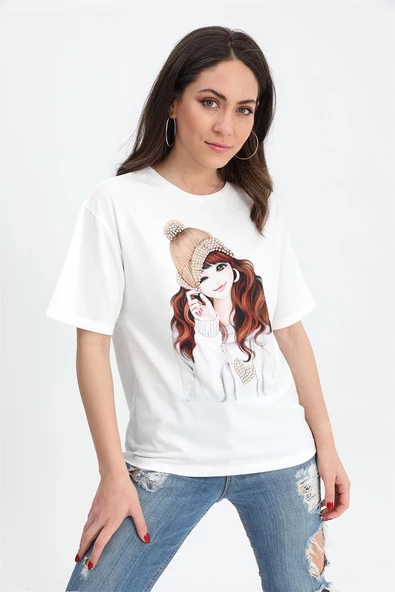 T-shirt Kız Baskılı Taş İşlemeli - Bej