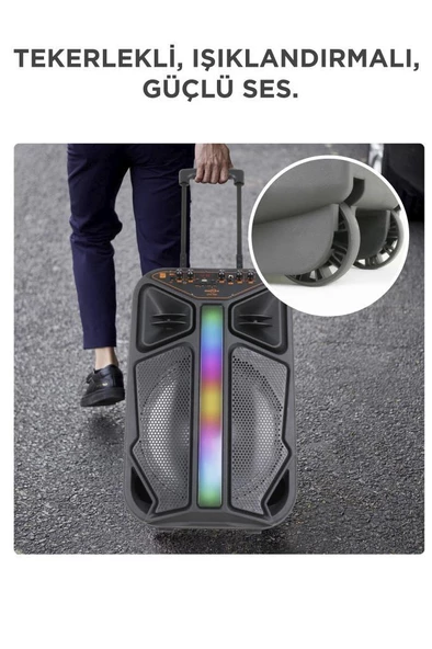Torima GTS-1846 Işıklı Mikrofonlu Kumandalı Tekerlekli Bluetooth Hoparlör Siyah - Resim 4