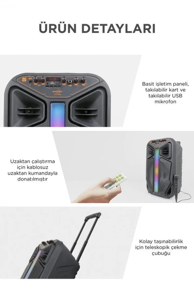 Torima GTS-1846 Işıklı Mikrofonlu Kumandalı Tekerlekli Bluetooth Hoparlör Siyah - Resim 6