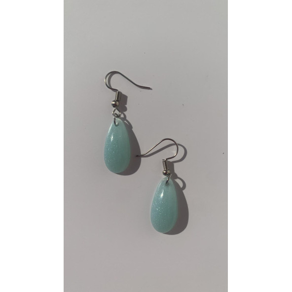 Parlak Buz Mavi Renkli Simli Sedefli Gümüş Aksesuarlı Damla Şekilli Sallantılı El Yapımı Epoksi Küpe - Resim 7