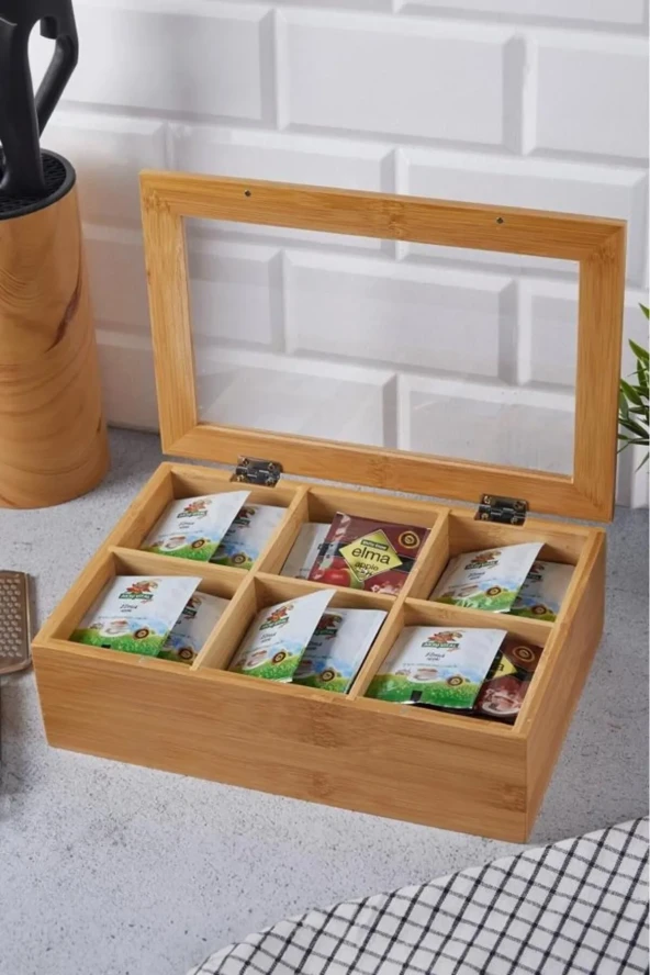 BAMBU ÇAY KUTUSU 20*30CM 6 BÖLMELİ BİTKİ ÇAYI KAHVE SAKLAMA