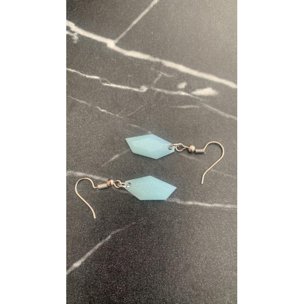 Parlak Buz Mavi Renkli Simli Sedefli Gümüş Aksesuarlı Kristal Şekil Sallantılı El Yapımı Epoksi Küpe - Resim 2