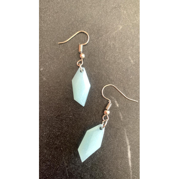 Parlak Buz Mavi Renkli Simli Sedefli Gümüş Aksesuarlı Kristal Şekil Sallantılı El Yapımı Epoksi Küpe - Resim 6