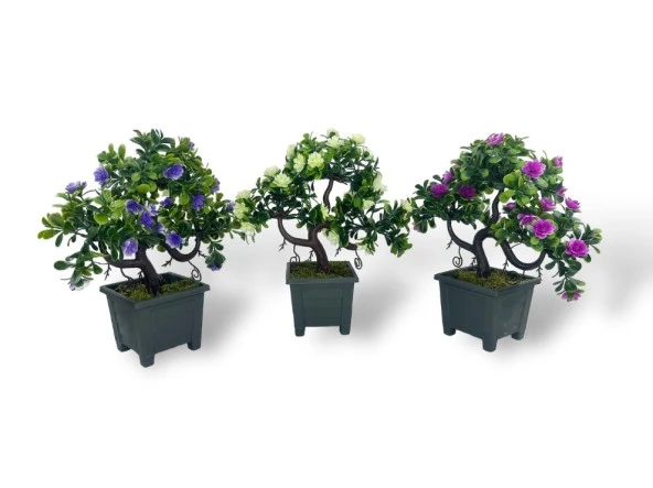 3lü Set Yapay Çiçek Bonsai Ağacı Çiçekli Model Dekoratif Yapay Ağaç Bonzai 30*15 CM Siyah Kare Saksıda