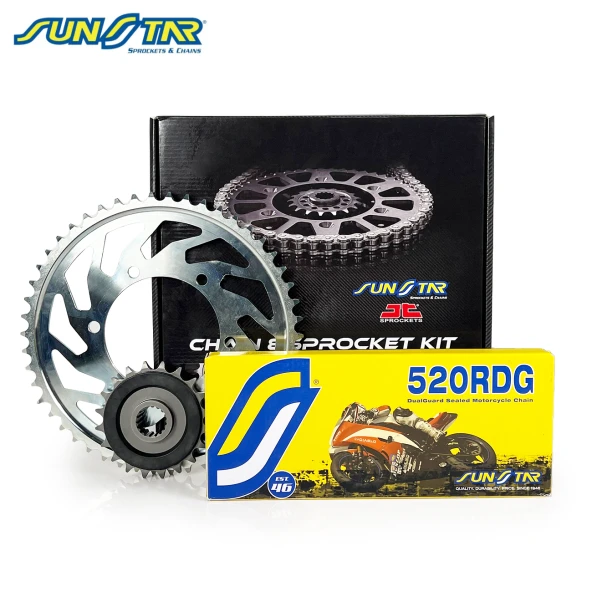 ZİNCİR DİŞLİ SETİ YAMAHA YZF R25 (250 cc)  (2015-2022) / YAMAHA / YZF R25 / 250cc / ZİNCİR: SUNSTAR 520RDG (Çelik)-112 / ÖN-ARKA DİŞLİ: JT (14T-43T) / 2015-2016-2017-2018-2019-2020-2021-2022-2023
