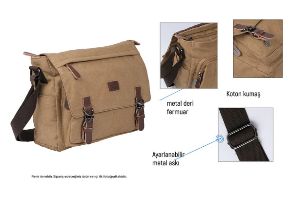 Bagacar Orjinal Kanvas Kumaş Laptop Bölmeli Unisex Çapraz Çanta Bej - 7
