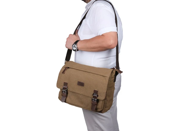 Bagacar Orjinal Kanvas Kumaş Laptop Bölmeli Unisex Çapraz Çanta Bej - 2