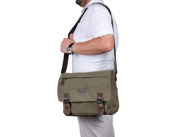 Bagacar Orjinal Kanvas Kumaş Laptop Bölmeli Unisex Çapraz Çanta Yeşil - 2