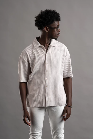 Oversize (Bol Kesim) Kalın Fitilli Likralı Kısa Kol Gömlek - Resim 7