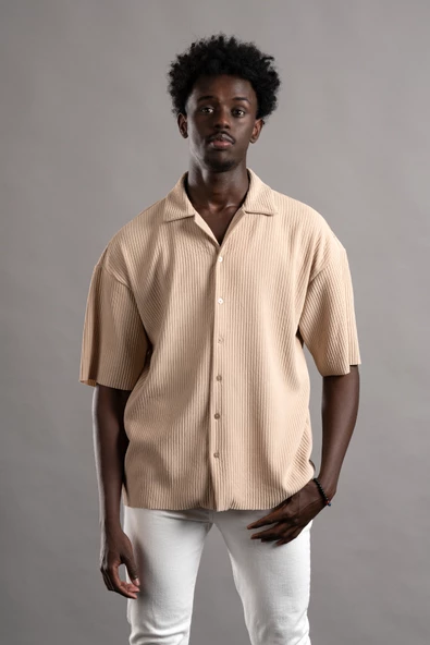 Oversize (Bol Kesim) Kalın Fitilli Likralı Kısa Kol Gömlek - Resim 4