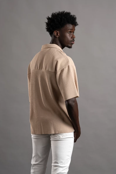 Oversize (Bol Kesim) Kalın Fitilli Likralı Kısa Kol Gömlek - Resim 5