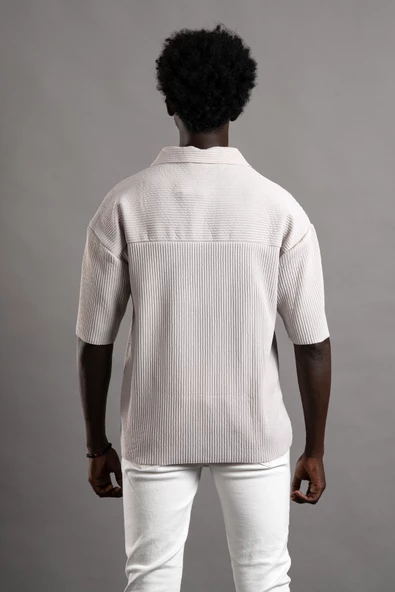 Oversize (Bol Kesim) Kalın Fitilli Likralı Kısa Kol Gömlek - Resim 9