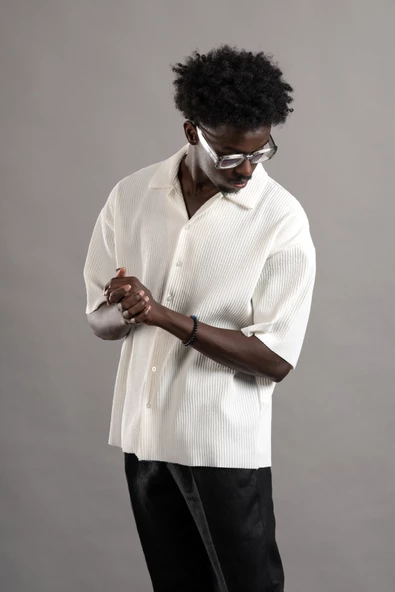 Oversize (Bol Kesim) Kalın Fitilli Likralı Kısa Kol Gömlek - Resim 12