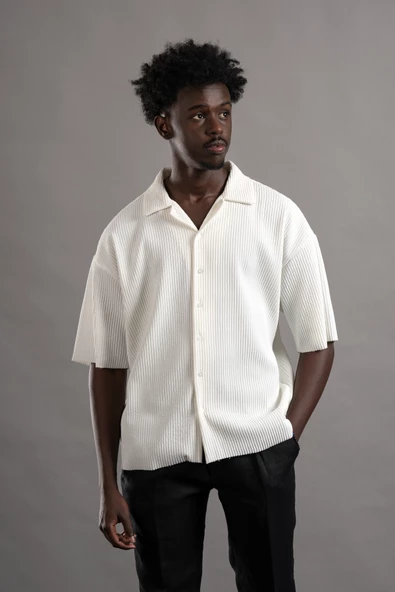 Oversize (Bol Kesim) Kalın Fitilli Likralı Kısa Kol Gömlek - Resim 11