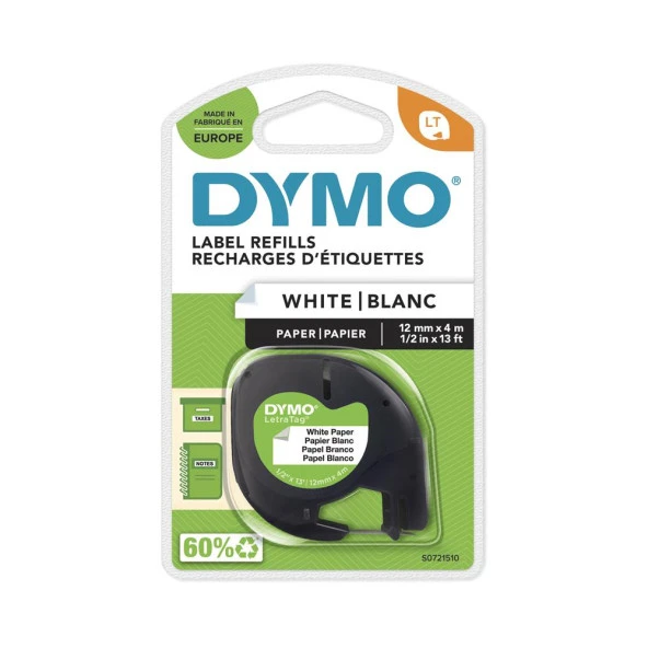DYMO S0721510 LetraTag Kağıt Şerit ( 12mm x 4 mt ), Beyaz ( 59421) 91200 - Resim 2