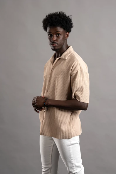 Oversize (Bol Kesim) Kalın Fitilli Likralı Kısa Kol Gömlek - Resim 2