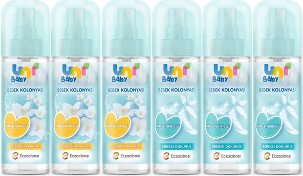 Uni Baby Bebek Kolonyası 150ML Karma Set Nemlendiricili (Bebeksi Dokunu/Çiçeksi Ferahlık) (6 Lı Set)