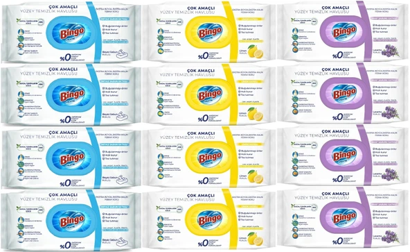 Bingo Clean Yüzey Temizlik Havlusu (Karma 12 Li Set) (Beyaz Sabun/Limon Kokulu/Lavanta Kokulu) - 1