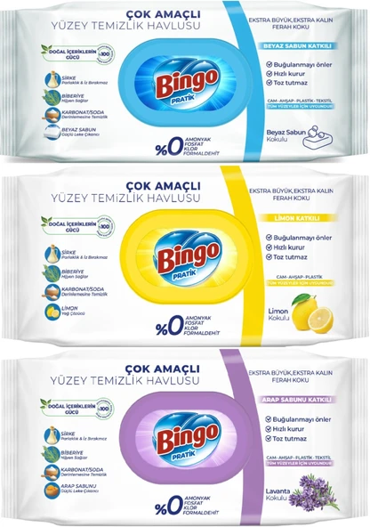 Bingo Clean Yüzey Temizlik Havlusu (Karma 3 Lü Set) (Beyaz Sabun/Limon Kokulu/Lavanta Kokulu)