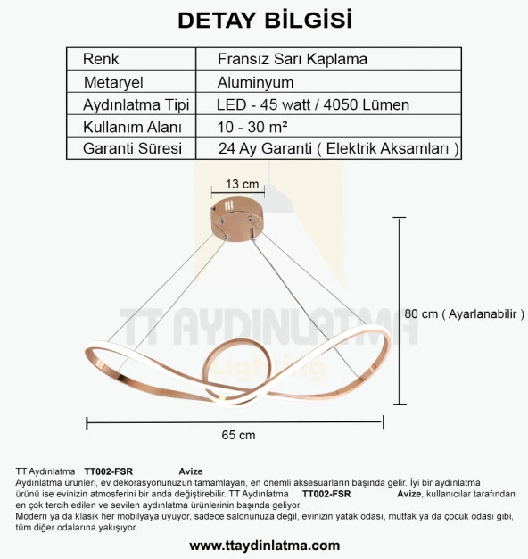 TT Aydınlatma TT002-FSR  Papyon Modeli Fransız Sarı Kaplama Led Avize - Resim 4
