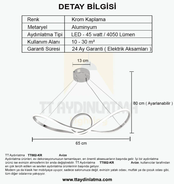 TT Aydınlatma TT002-KR  Papyon Modeli Krom Kaplama Led Avize - Resim 4