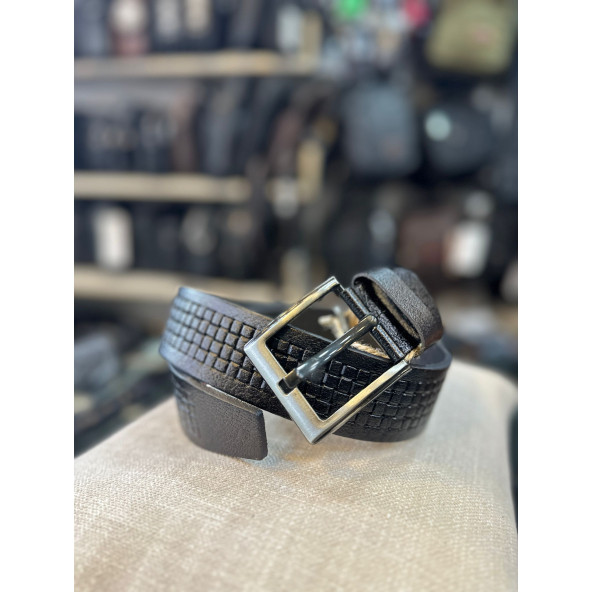 TRG POLO 4 CM HAKİKİ DERİ SİYAH DESENLİ ERKEK KEMERİ - Resim 5