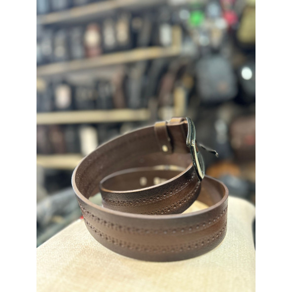 TRG POLO KAHVE 4 CM HAKİKİ DERİ DESENLİ ERKEK KEMERİ ürün görseli