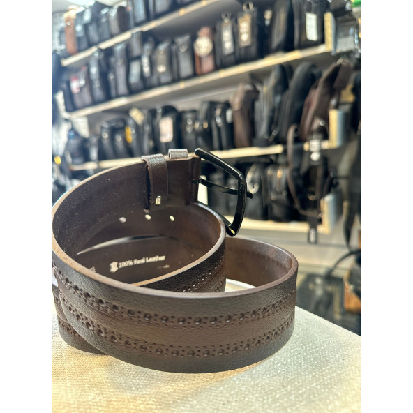 TRG POLO KAHVE 4 CM HAKİKİ DERİ DESENLİ ERKEK KEMERİ - Resim 4