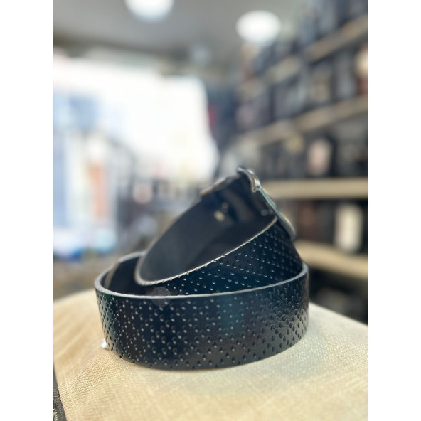 TRG POLO Siyah Nokta Desenli Deri Erkek Kemeri- - Resim 3