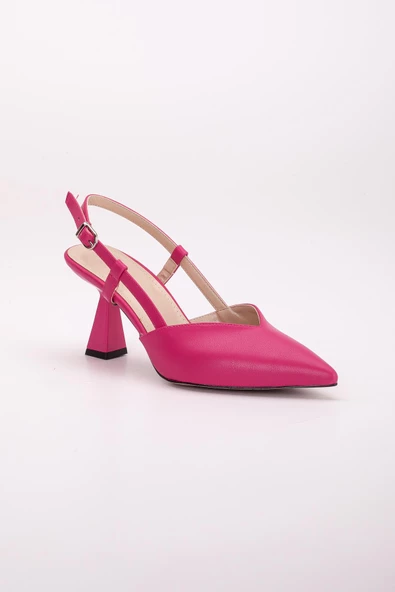 Büyük Numara Yan Direkli V Yüzlü Cilt Fuşya Kadın Topuklu Ayakkabı - Resim 4
