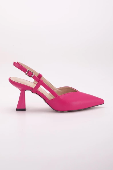 Büyük Numara Yan Direkli V Yüzlü Cilt Fuşya Kadın Topuklu Ayakkabı - Resim 3