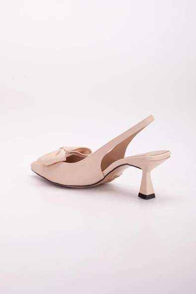 Büyük Numara Fiyonklu Saten Bej Kadın Topuklu Ayakkabı - Resim 5