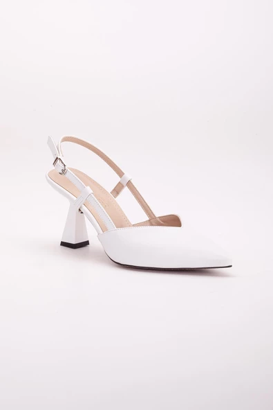 Büyük Numara Yan Direkli V Yüzlü Cilt Beyaz Kadın Topuklu Ayakkabı - Resim 4