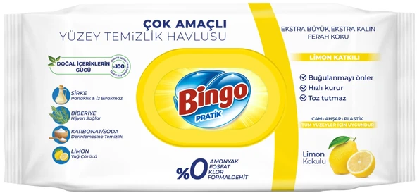 Bingo Clean Yüzey Temizlik Havlusu 96 Yaprak Limon Kokulu Plastik Kapaklı (9 Lu Set) 864 Yaprak - 2