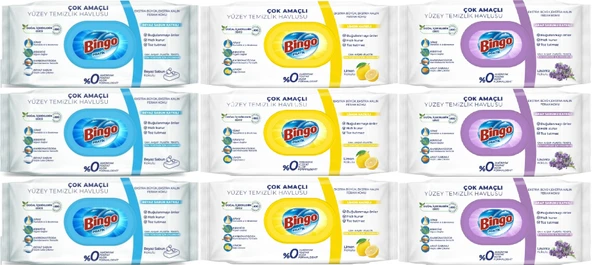 Bingo Clean Yüzey Temizlik Havlusu (Karma 9 Lu Set) (Beyaz Sabun/Limon Kokulu/Lavanta Kokulu) - 1
