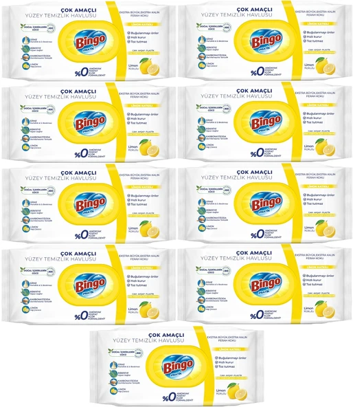 Bingo Clean Yüzey Temizlik Havlusu 96 Yaprak Limon Kokulu Plastik Kapaklı (9 Lu Set) 864 Yaprak ürün görseli