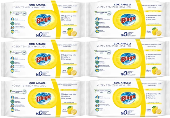 Bingo Clean Yüzey Temizlik Havlusu 96 Yaprak Limon Kokulu Plastik Kapaklı (6 Lı Set) 576 Yaprak