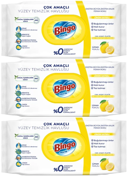 Bingo Clean Yüzey Temizlik Havlusu 96 Yaprak Limon Kokulu Plastik Kapaklı (3 Lü Set) 288 Yaprak - 1