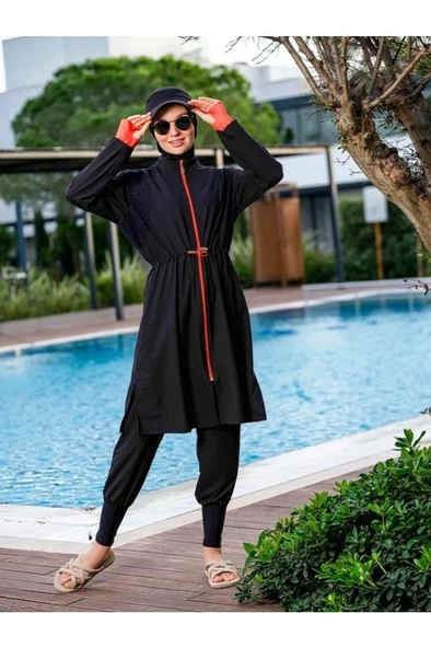 Tesmat 22109 Siyah Spor Lycra Tam Boy Tasarım Tesettür Mayo