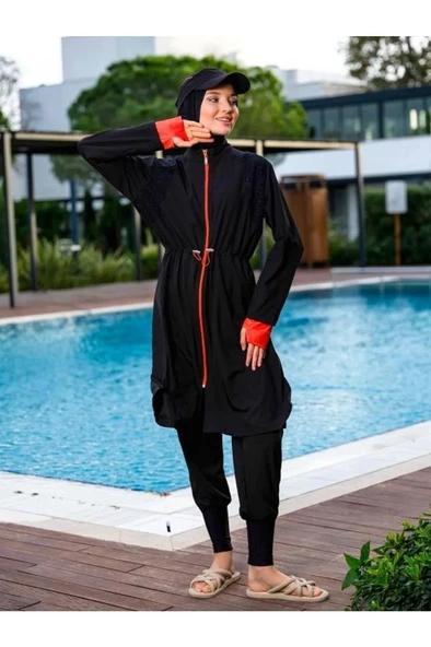 Tesmat 22109 Siyah Spor Lycra Tam Boy Tasarım Tesettür Mayo - Resim 5