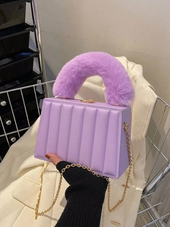 Kadınlar için Çizgili ve Çok Fonksiyonlu Kutu Çanta Crossbody Lila - 2