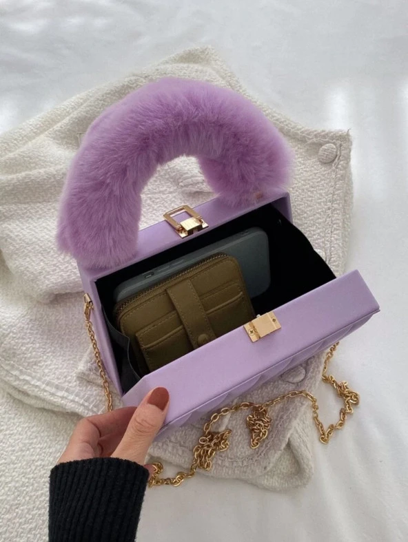 Kadınlar için Çizgili ve Çok Fonksiyonlu Kutu Çanta Crossbody Lila - 3