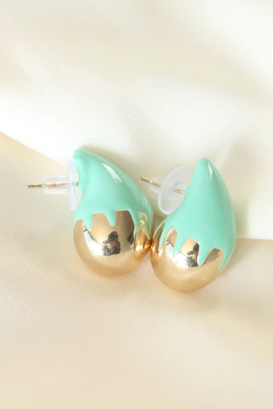 Minimal Turkuaz Mineli Çift Renk Damla Küpe - TJ-BKP8867 - 2