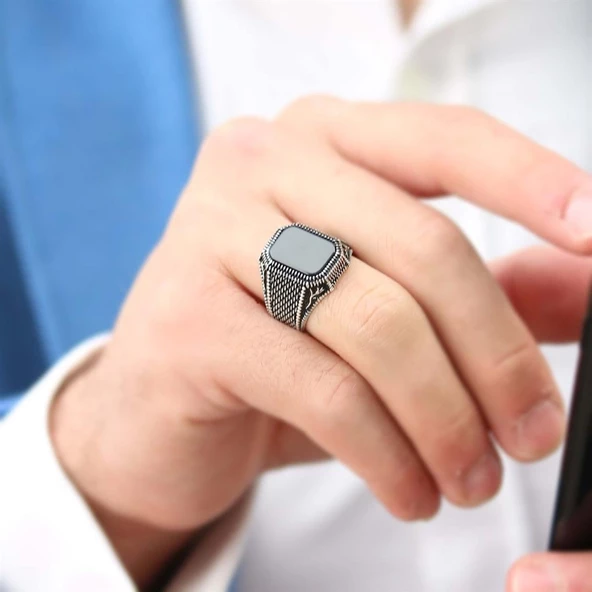 Siyah Oniks Taşlı Lale Desenli Gümüş Erkek Yüzük - 9