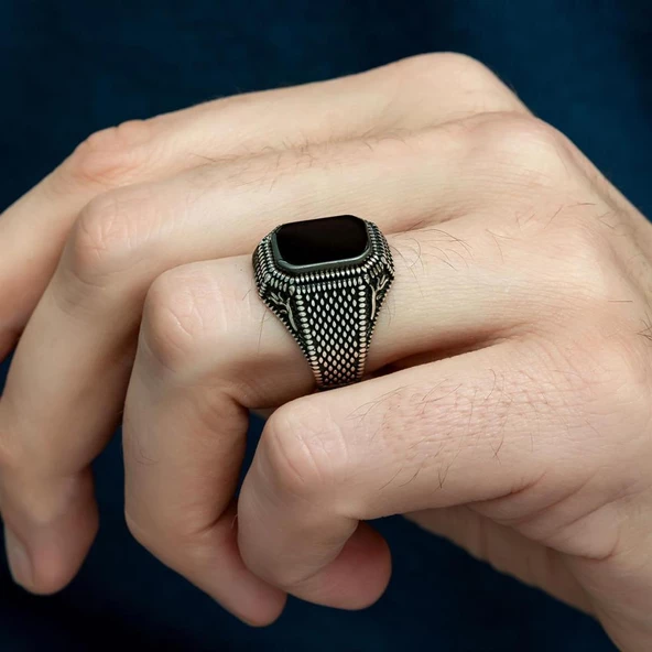 Siyah Oniks Taşlı Lale Desenli Gümüş Erkek Yüzük - 12