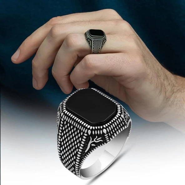 Siyah Oniks Taşlı Lale Desenli Gümüş Erkek Yüzük - 10