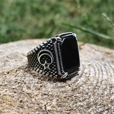 Gümüş Oniks Taşlı Ayyıldız Erkek Yüzük - Resim 4