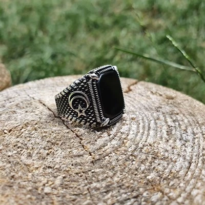 Gümüş Oniks Taşlı Ayyıldız Erkek Yüzük - Resim 5