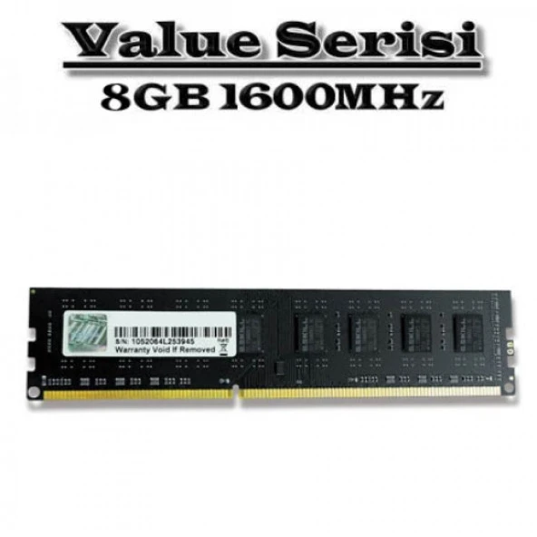 GSKILL 8B DDR3 1600MHZ CL11 PC RAM VALUE F3-1600C11S-8GNT ürün görseli